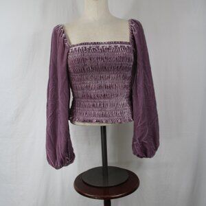 Anthropologie Velvet Smocked Bodice Puff Sleeve Top Purple Peasant Blouse Sz. L